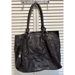 ARCADIA Italy Leather Brown Crocodile Embossed Tote Bag Large Handbag EUC